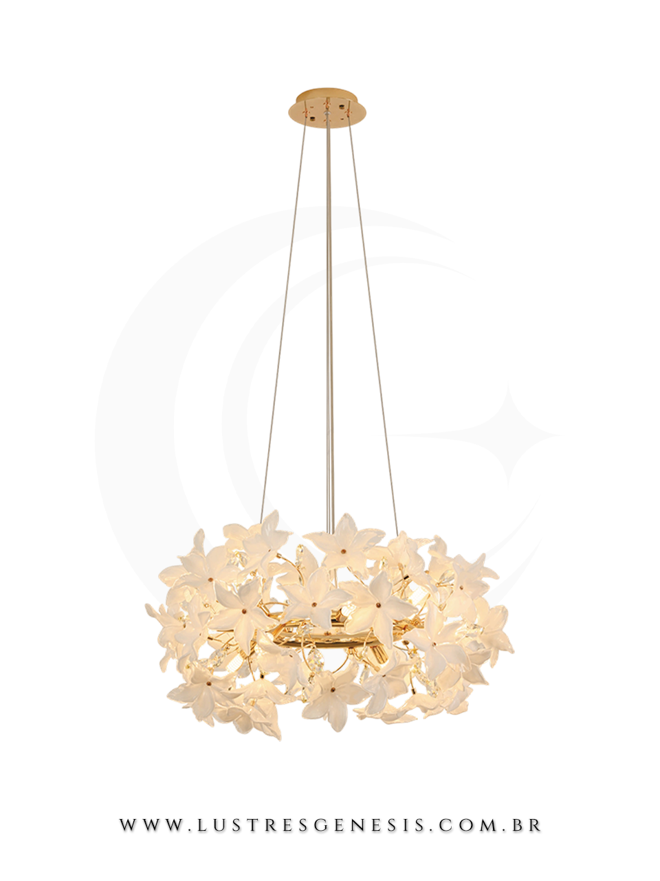 Lustre Pendente Redondo Flor de L&iacute;rio dourado e vidro branco com L&acirc;mpada G9 Para Sala de Jantar 